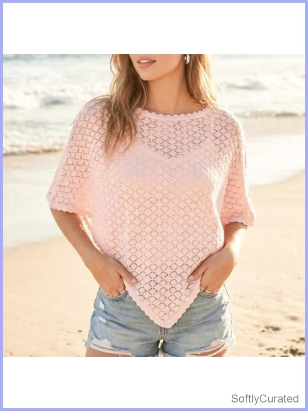 Crochet Batwing Sleeve Scalloped Trim Poncho Open Front Coverup Wrap